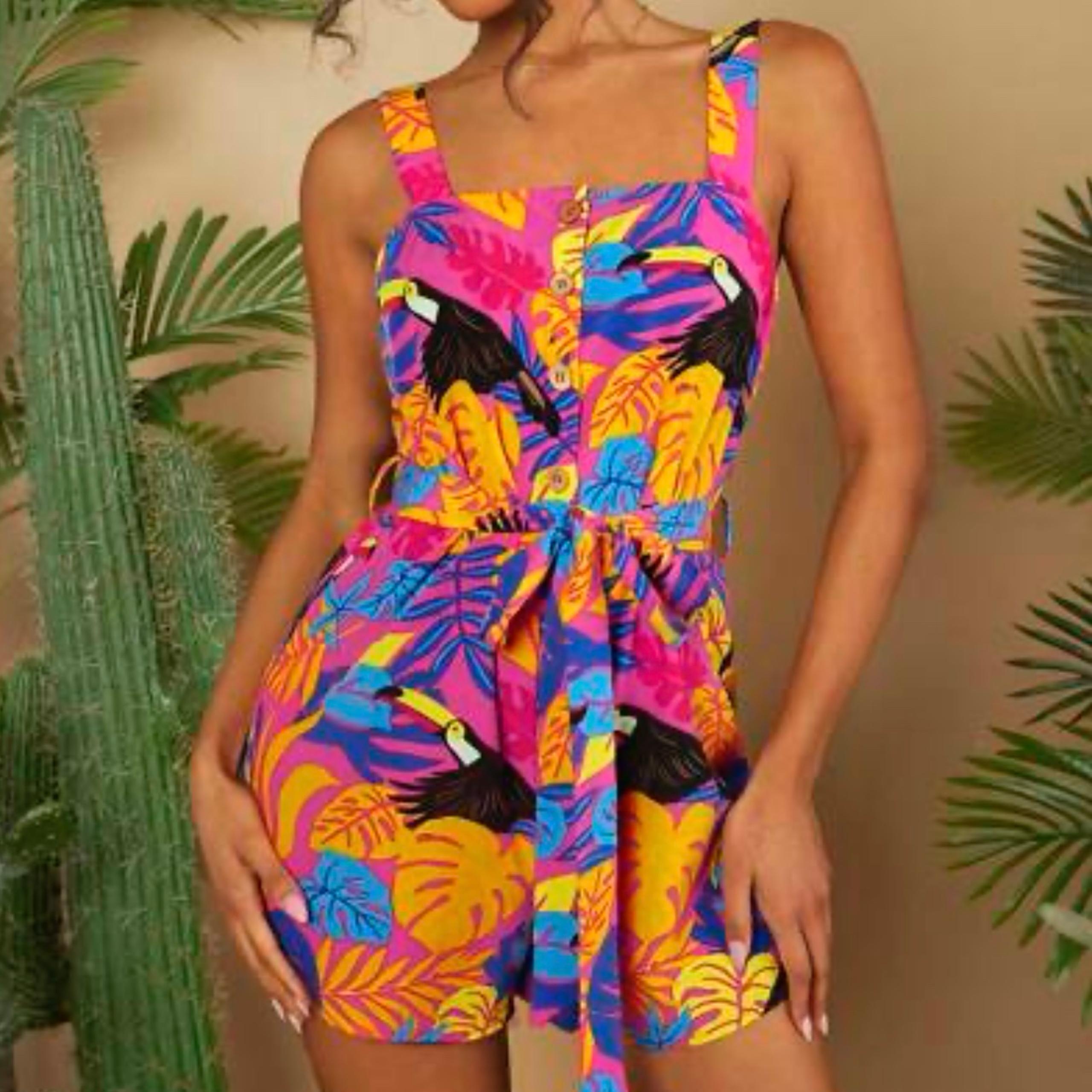SHEIN VCAY Tropical Floral Toucan Romper Jumpsuit Large NWT