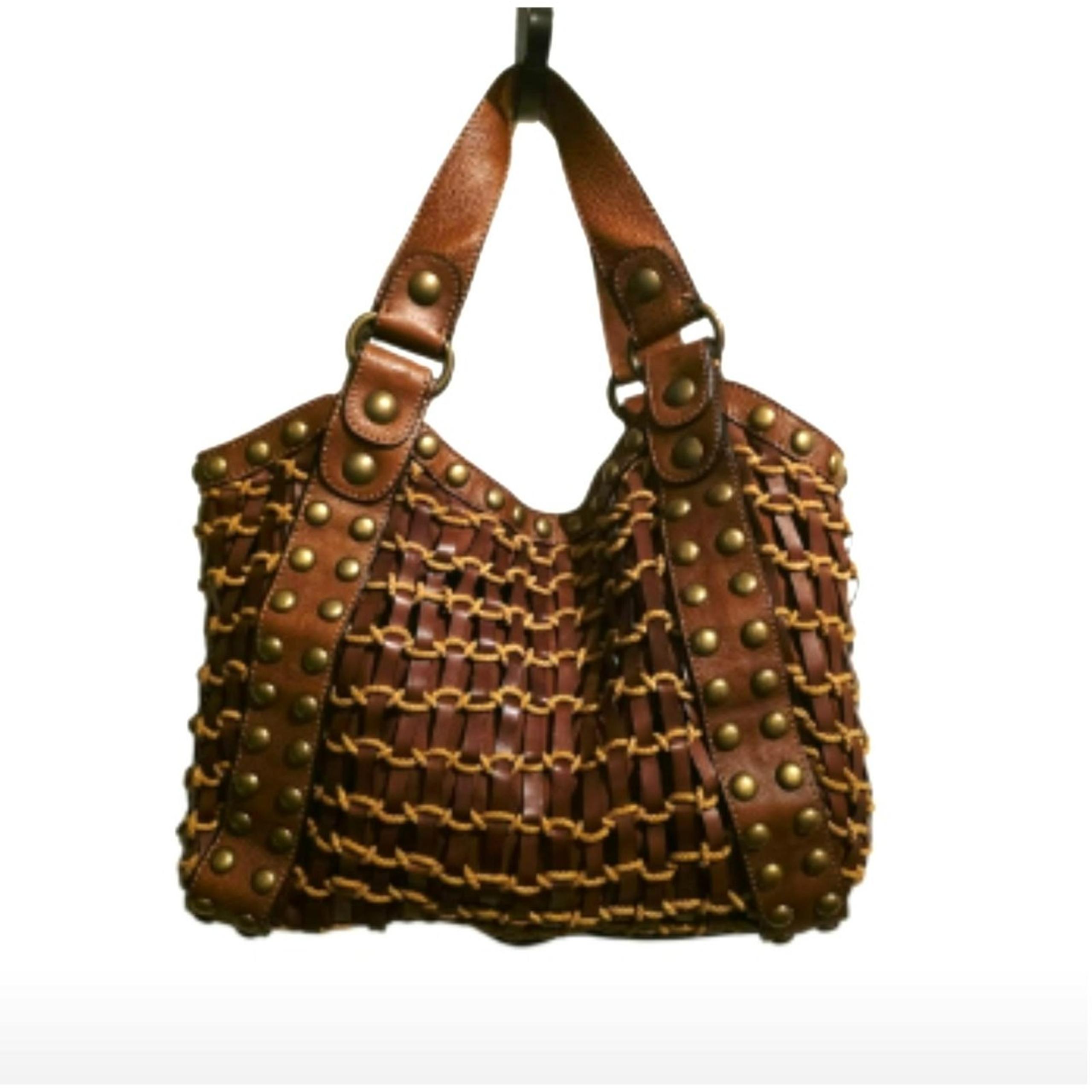 KOOBA Woven Leather and Rope Studded Brown Shoulder Hobo Handbag Purse NWOT