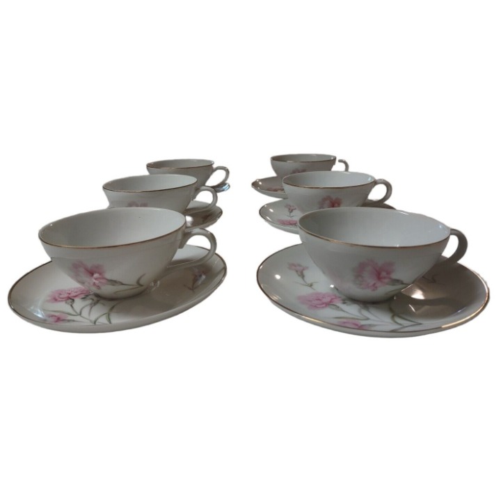 Set of 6 Vintage Royal Court Carnation Fine China Coffee TeaCup Saucers Plates