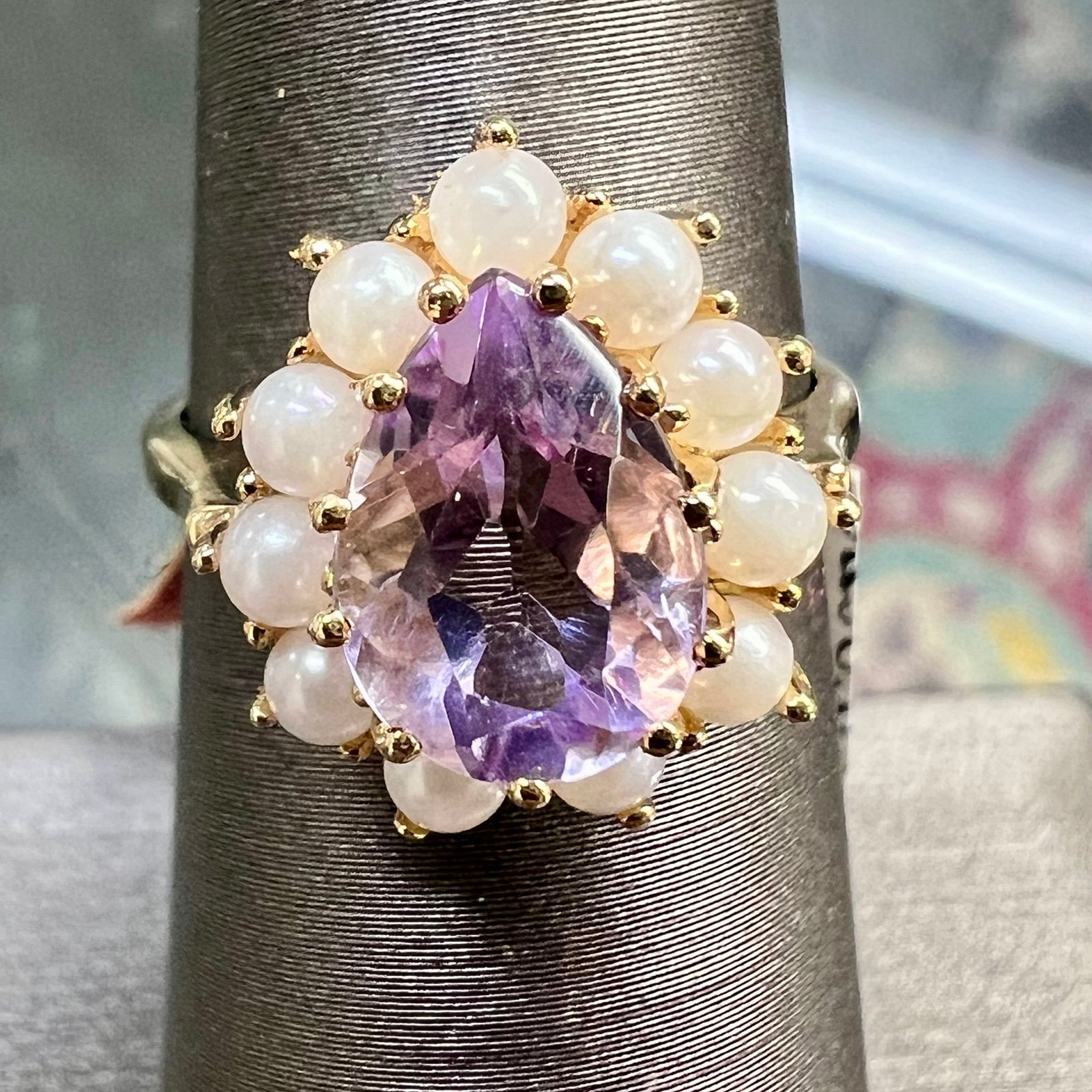 Vintage 10k Yellow Gold Pearl & Amethyst Ring
