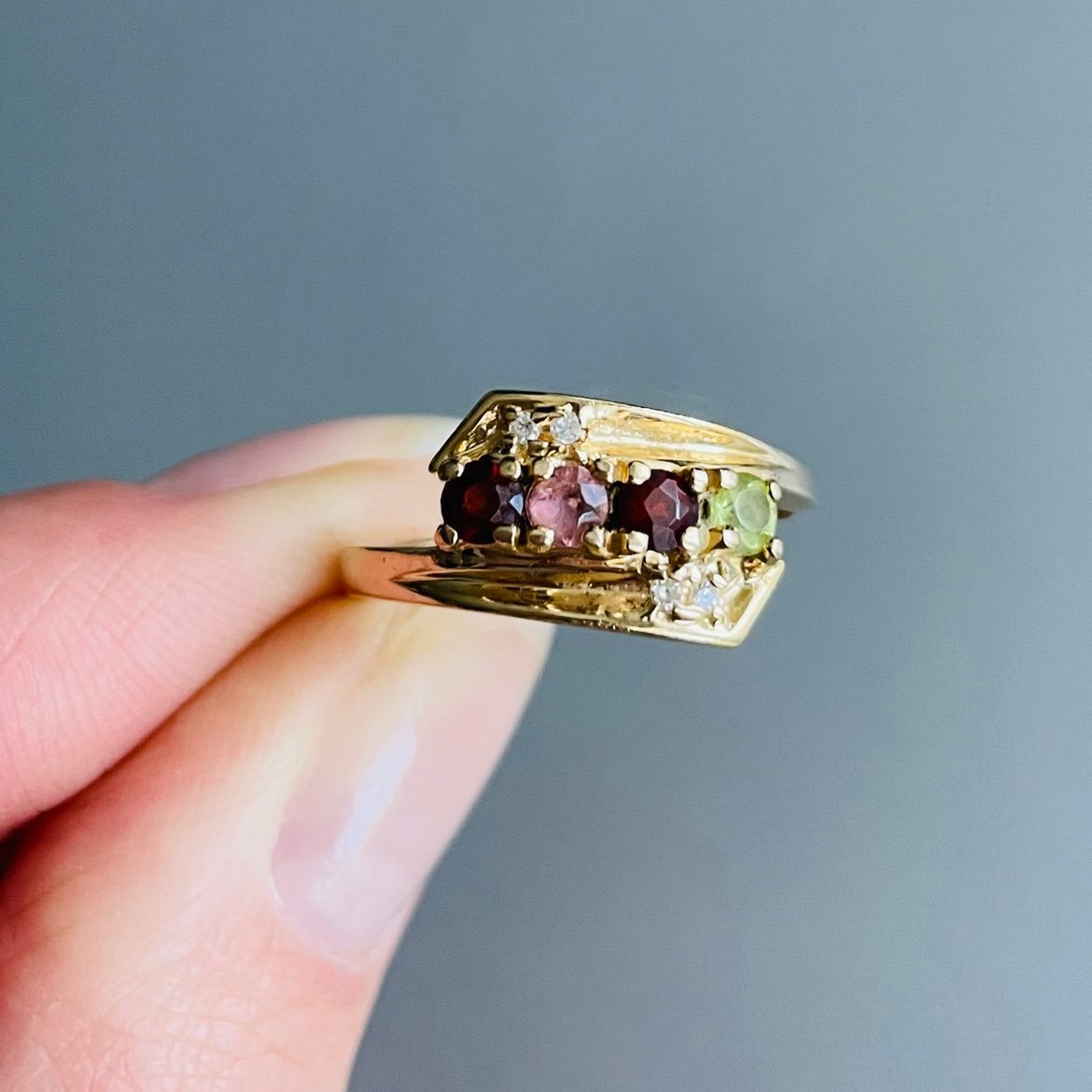 Vintage 14K Gold Diamonds, Garnet, Tourmaline, Peridot Multi Gemstone Ring T Sig