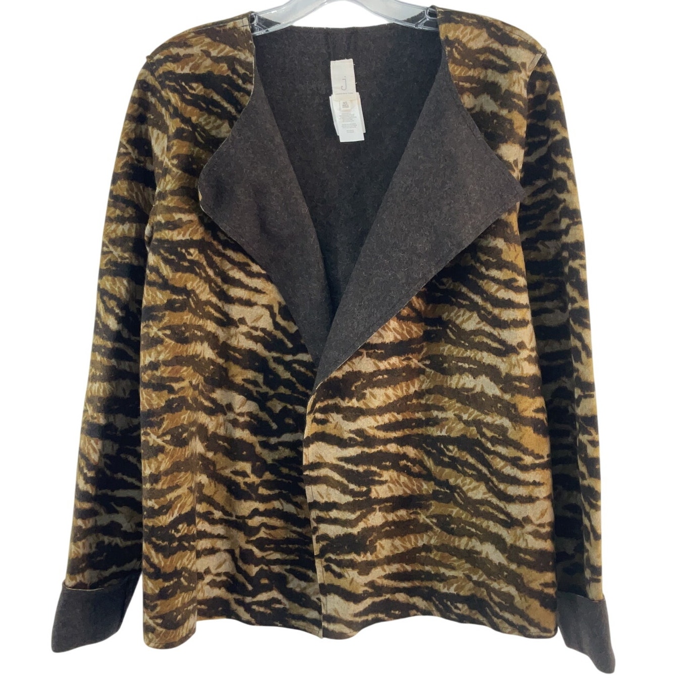 Jones NY Orange/Brown Tiger Print Open Cardigan Jacket Women’s XS Preowned