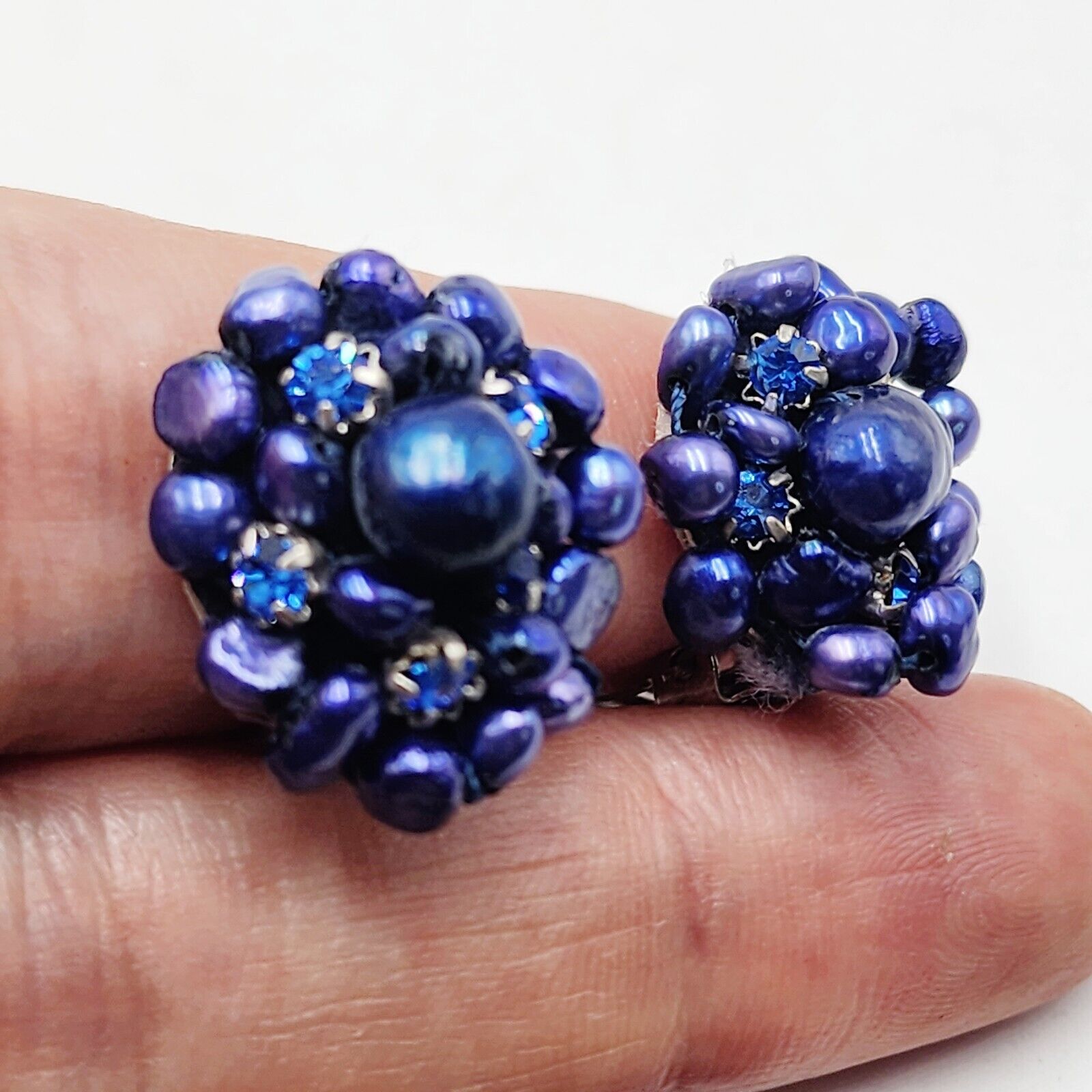 Vintage Handmade Genuine Pearls Cluster Royal Blue Rhinestones Clip On Earrings