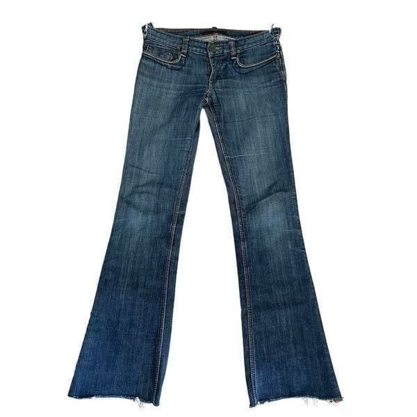 Odyn Dark Blue Denim Cotton Straight Flare Leg Bohemian Festival Gypsy Raw Hem W