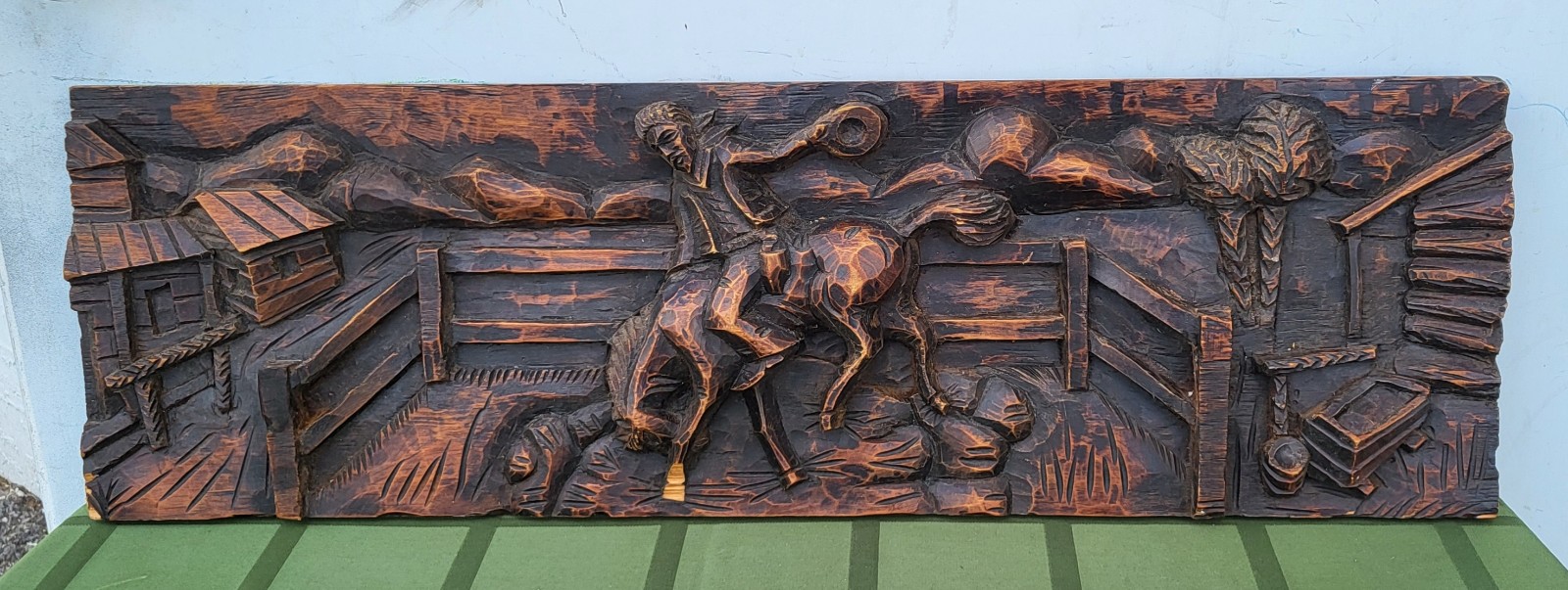Beautiful Western Scene 3D Hand Carved Wood Plaque 27.5 x 8.75