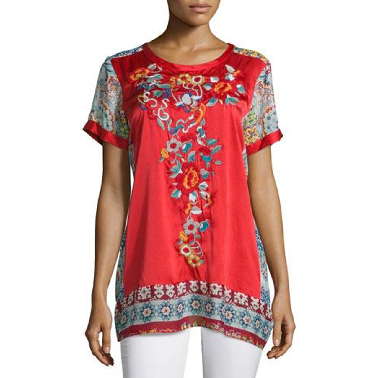 Johnny Was Silk Tunic Top Embroidered Yokito Pullover Shirt Short Sleeves Medium