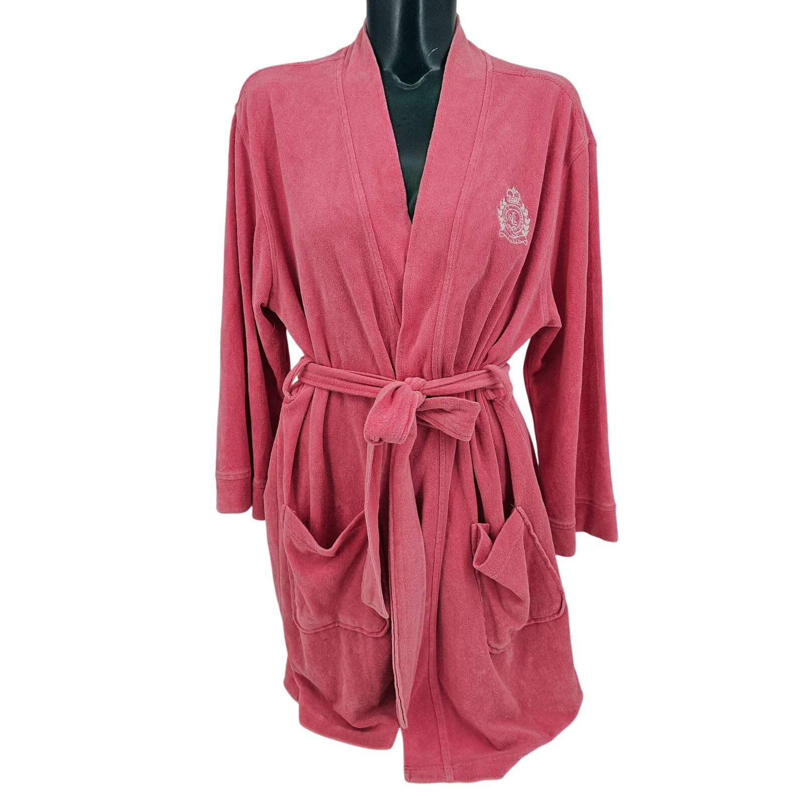 Lauren Ralph Lauren Pink Cotton Terry Short Robe Embroidered Crest Logo L 3111