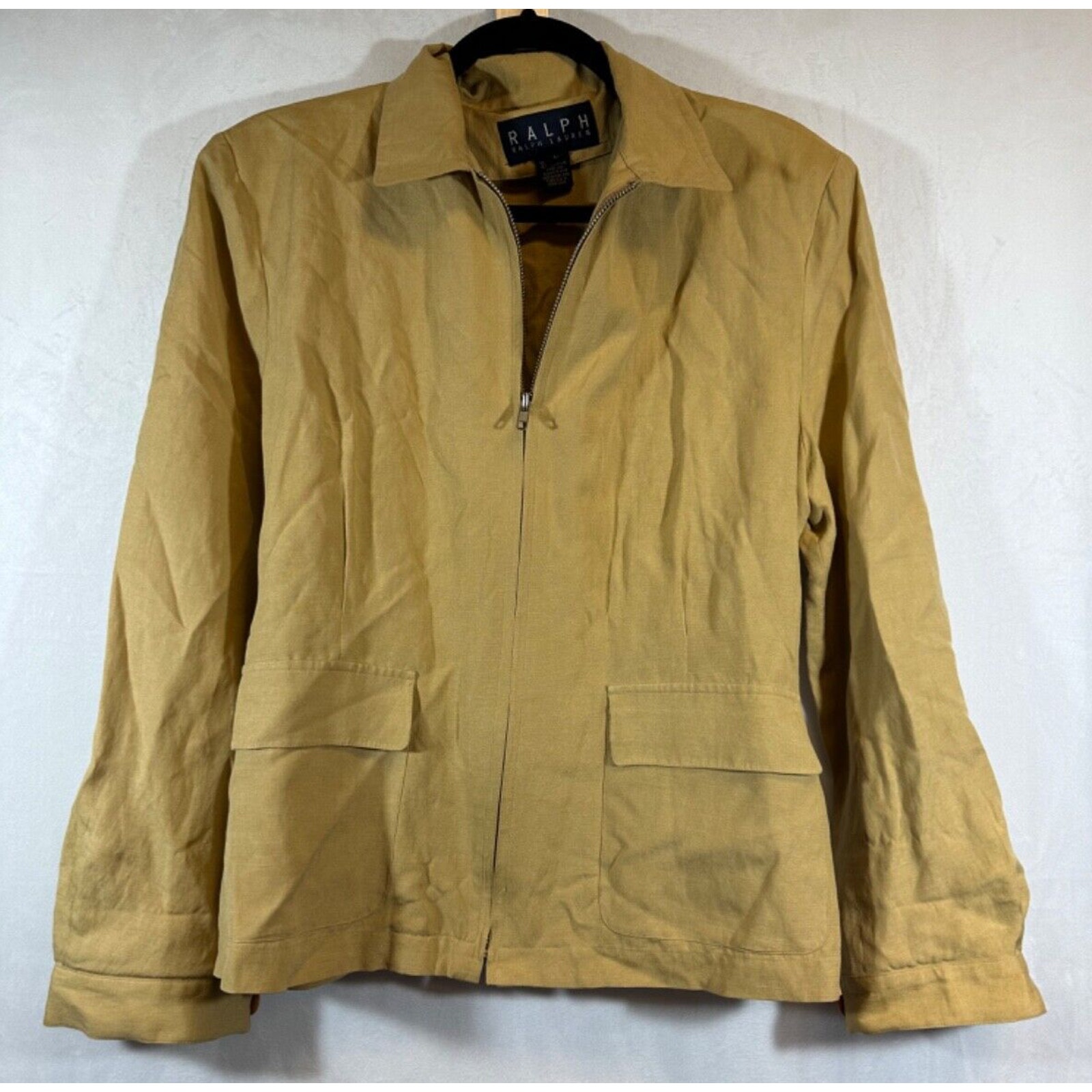 VTG Ralph Ralph Lauren Silk Linen Tan Blazer Full Zip Jacket Pockets Size L D41