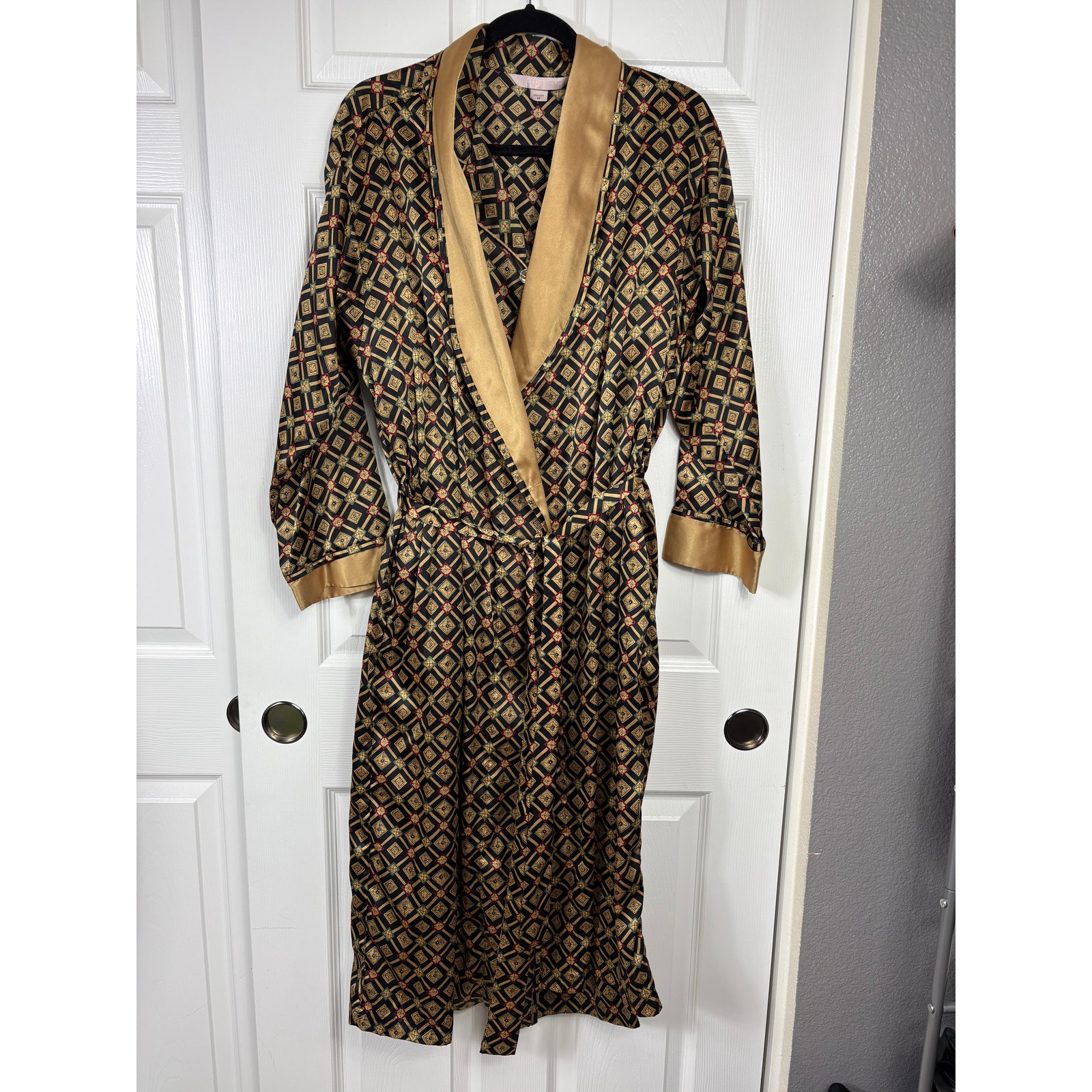 Vintage 90s Victoria's Secret Women's 3pc Satin Pajama & Robe Set M Black/Gold