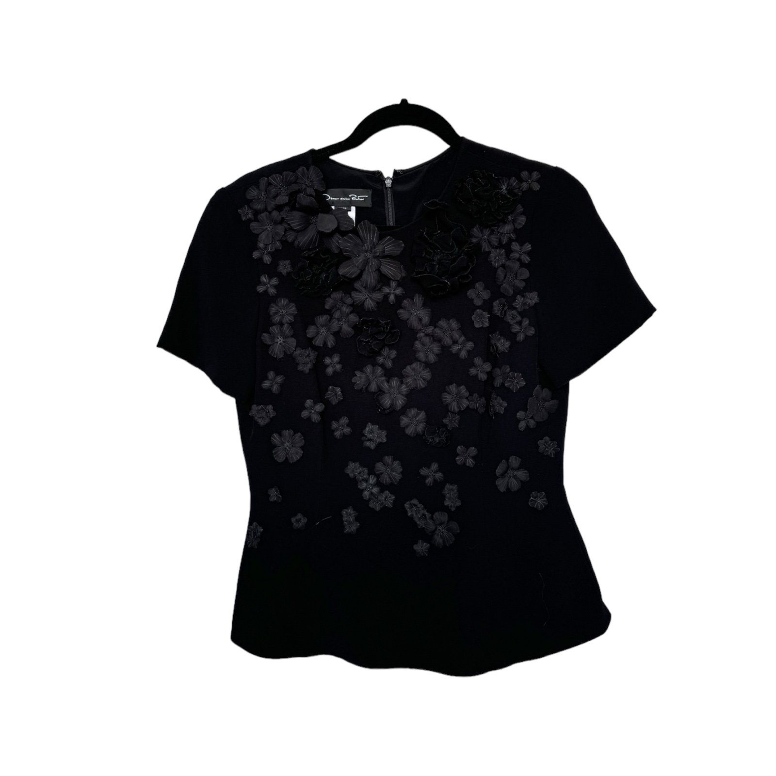 Rare Auth Oscar De La Renta Black Flower Appliquéd Crepe Peplum top sz 8 fits 4
