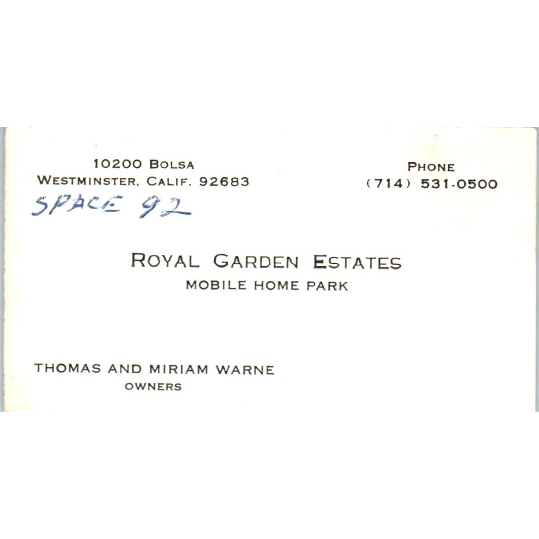 Thomas & Miriam Warne Royal Garden Estates Westminster CA Business Card SD8-B3
