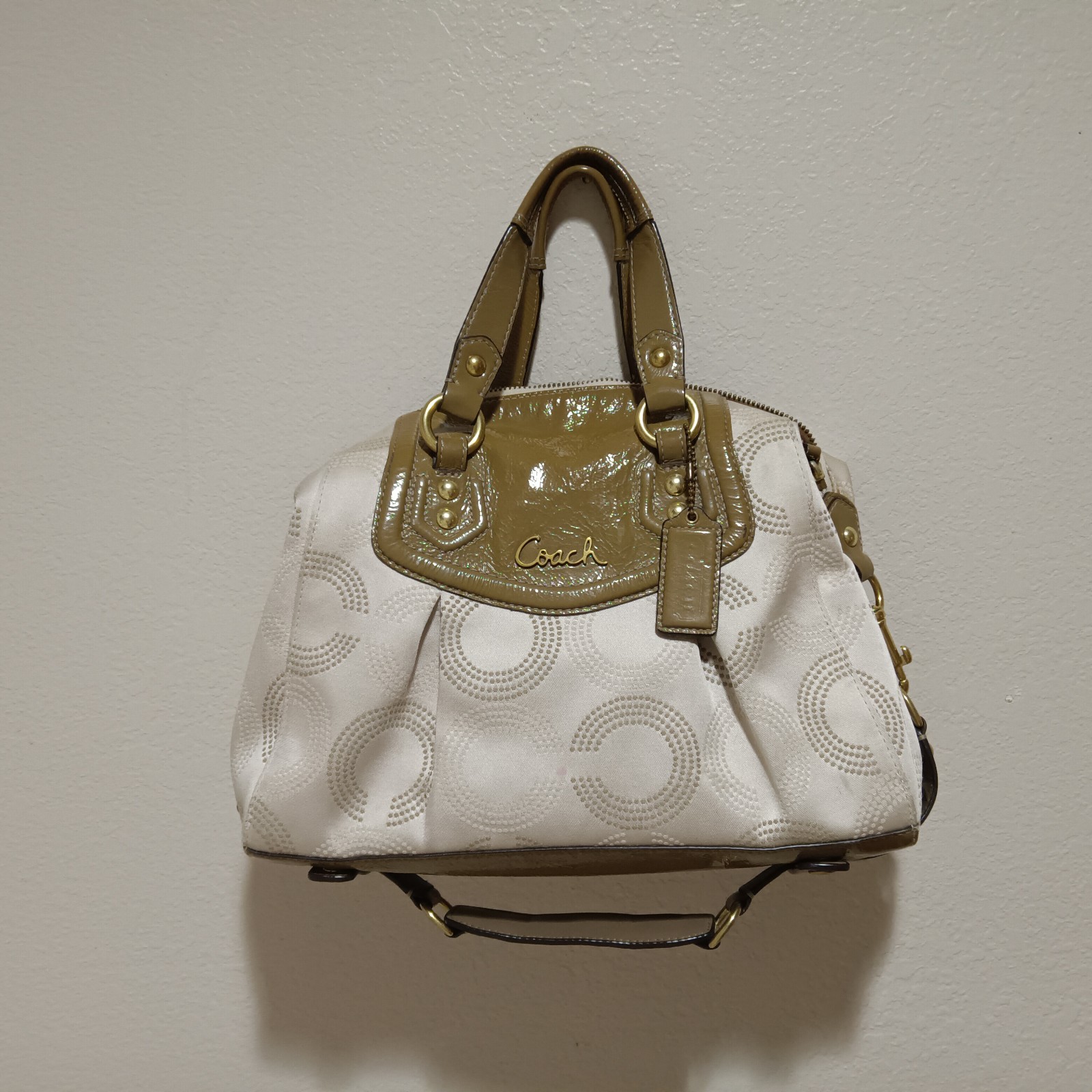 Coach Ashley Dotted Op Art Satchel Taupe beige khaki soft Pink leather