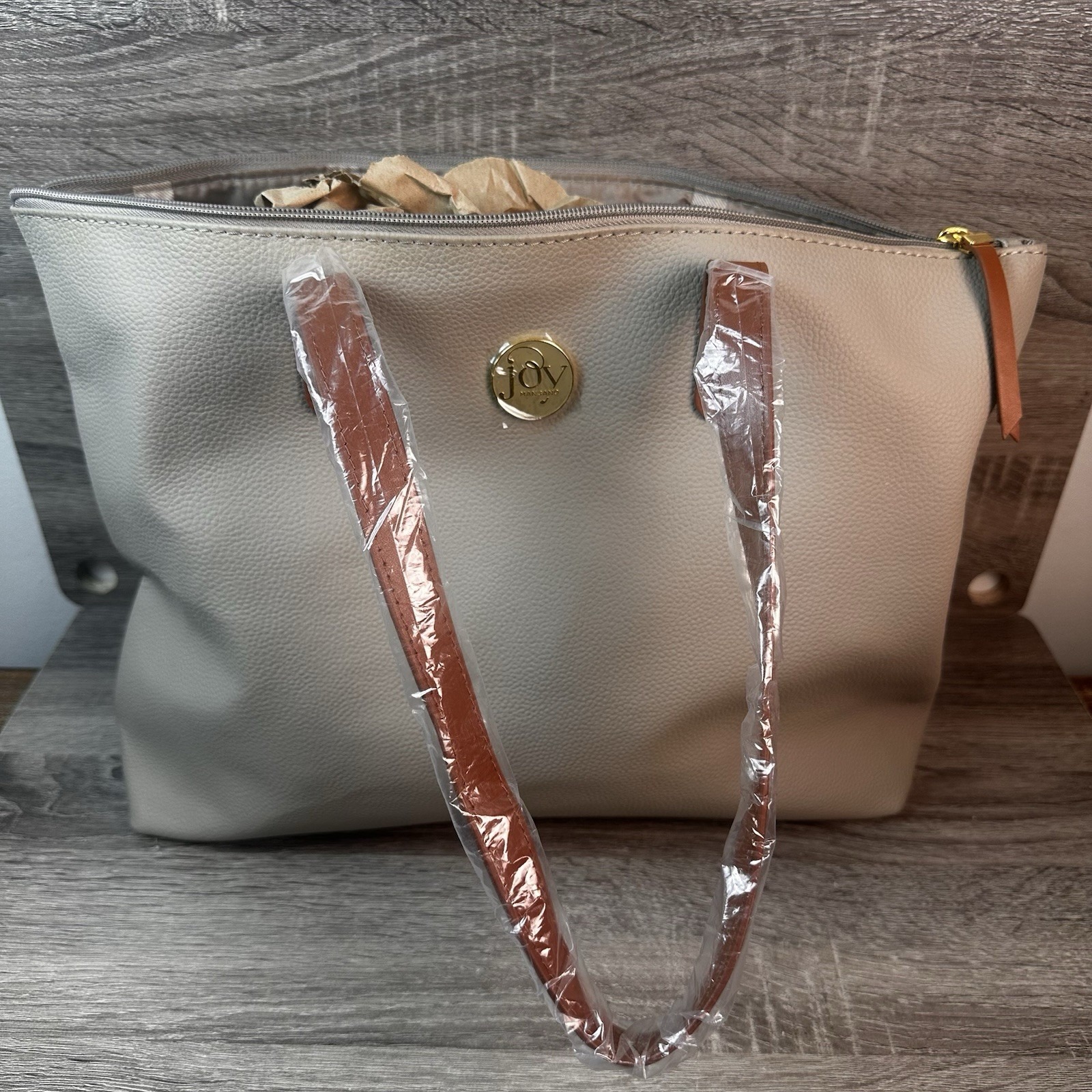 Joy Mangano Leather Large Tote Bag Purse Beige Casual Business Travel NWOT