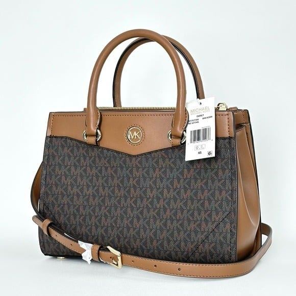 Michael Kors Everly Medium Logo Satchel Crossbody Bag in Brown / Acorn New