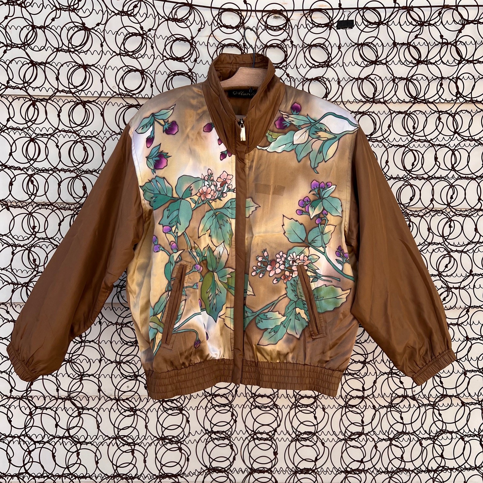 Vintage Mureli silk gold floral vineyard bomber jacket