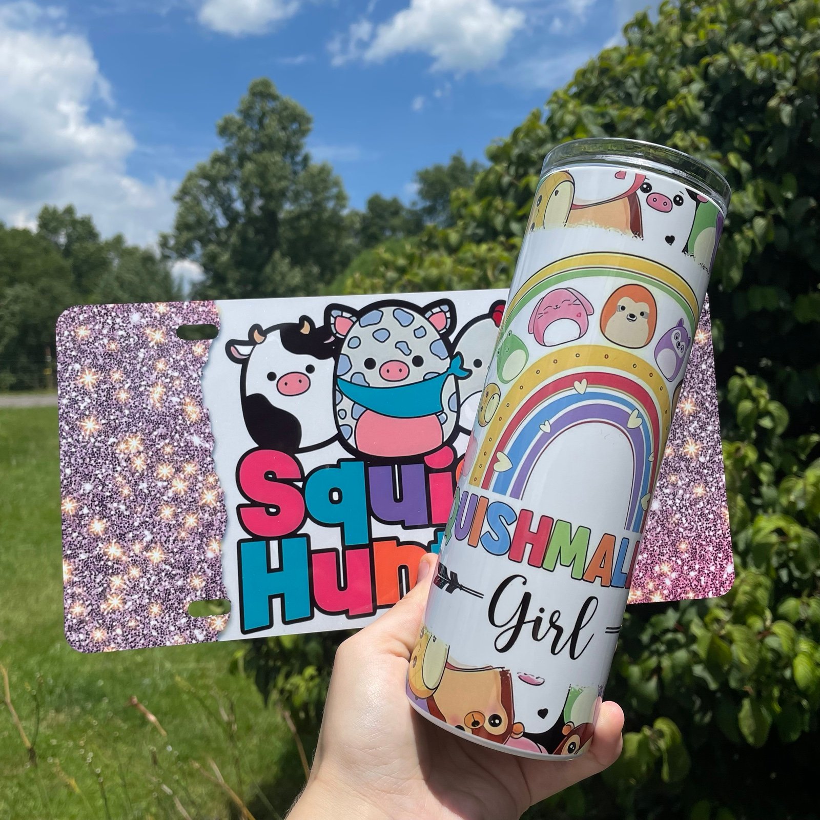Squishmallow tumbler and license plate set