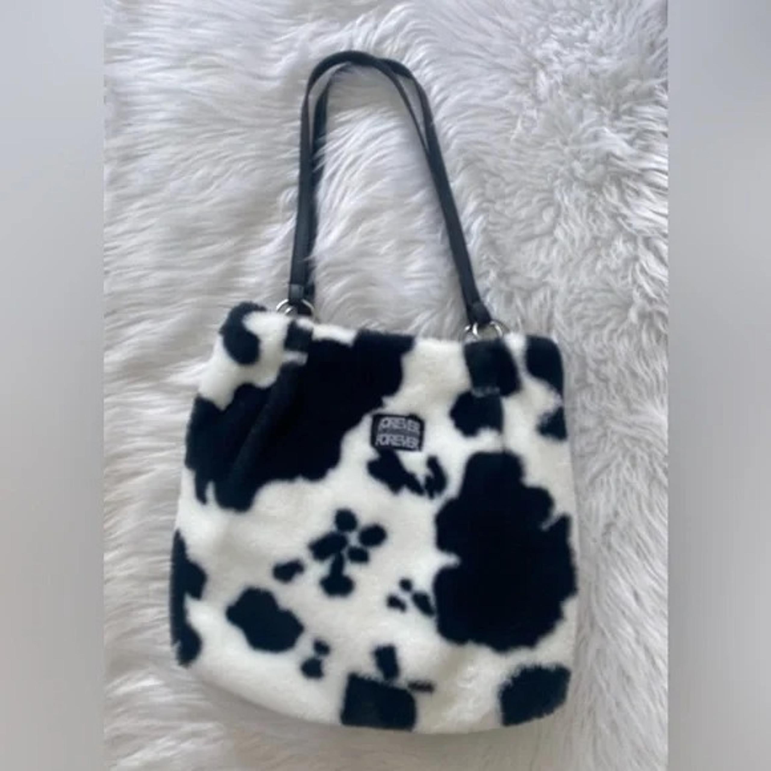 Forever Black and White Cow Print Faux Fur Tote Bag