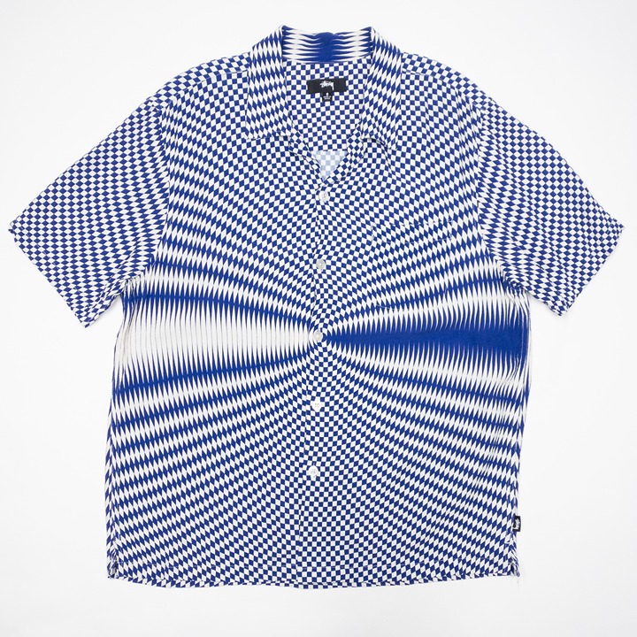 Stussy Psychedelic Check Shirt Men's Small Loop Collar Vintage Lightweight Blue