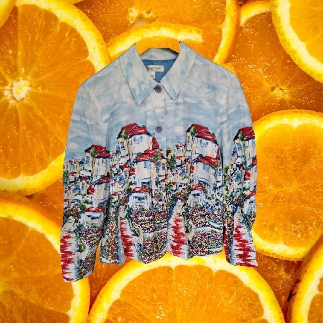 Grandma Chic Coldwater Creek Colorful Scenic Linen Blend Print Jacket Size Large