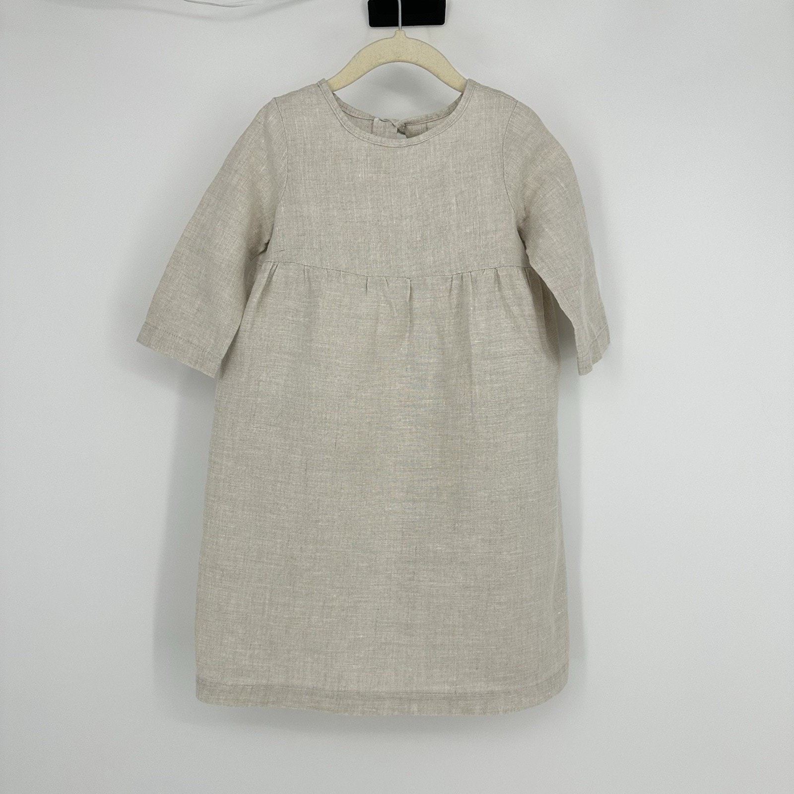 Hand made 100% Linen Girls 3T Midi Dress 3/4 Sleeve Oatmeal Cottage Boho Summer