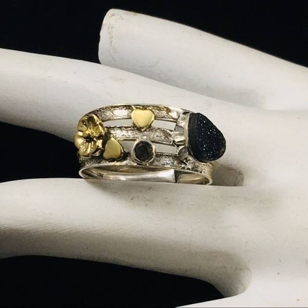 Two-tone Black Druzy & Smoky Topaz Sterling Silver Ring Size 9