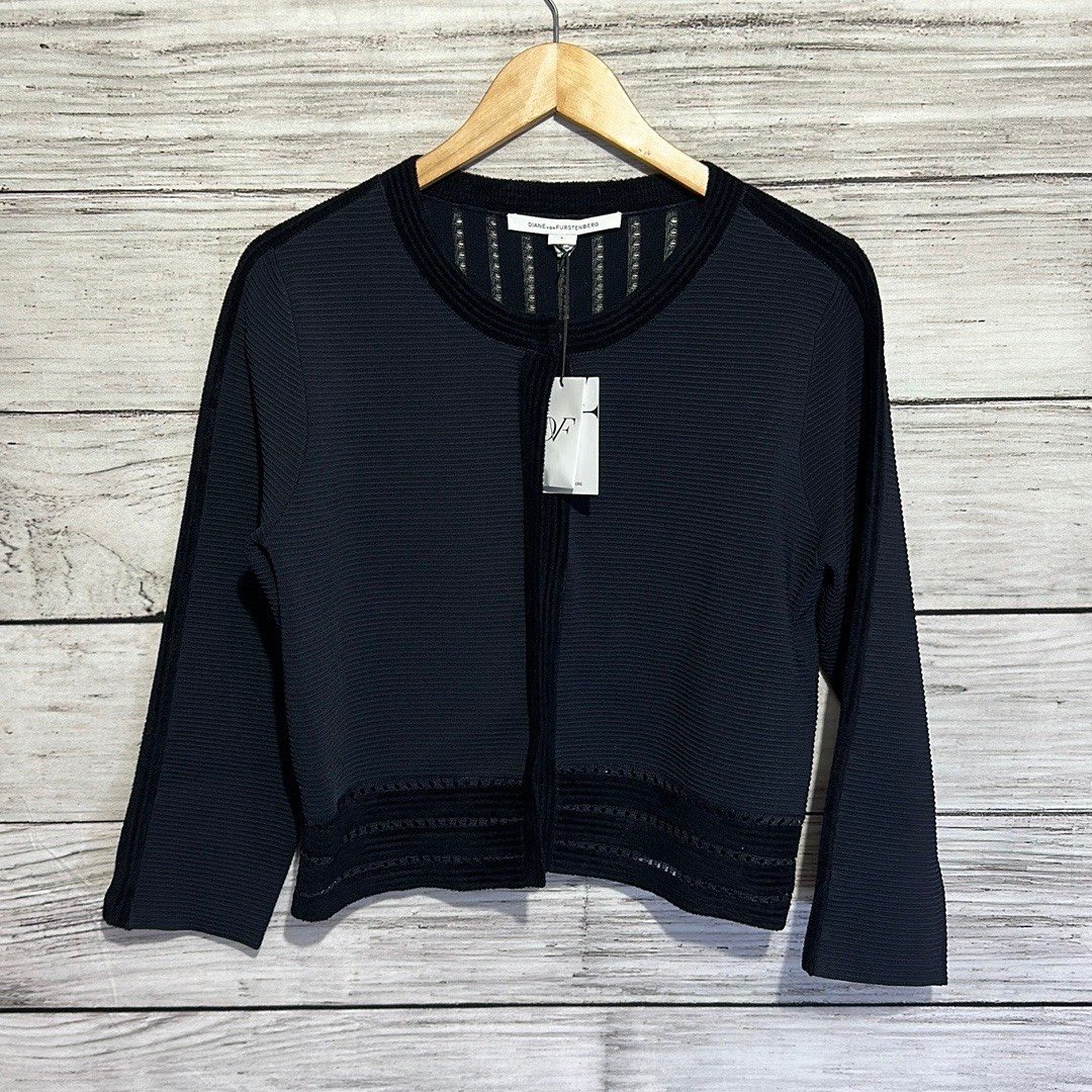 NWT Diane Von Furstenberg DVF Black Wool Rayon Crop Evening Cardigan / Jacket L