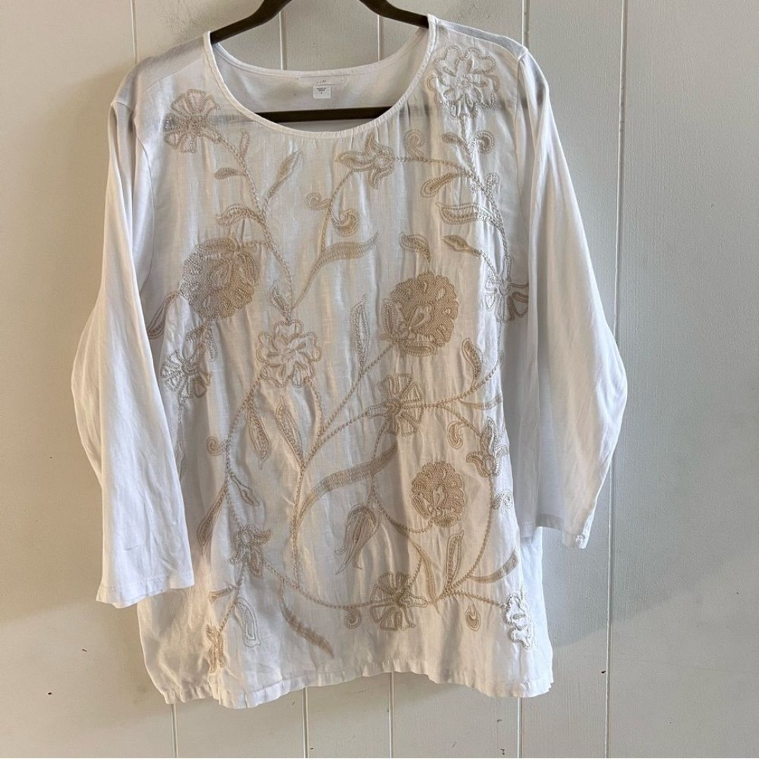 J.Jill Linen Embroidered White Top