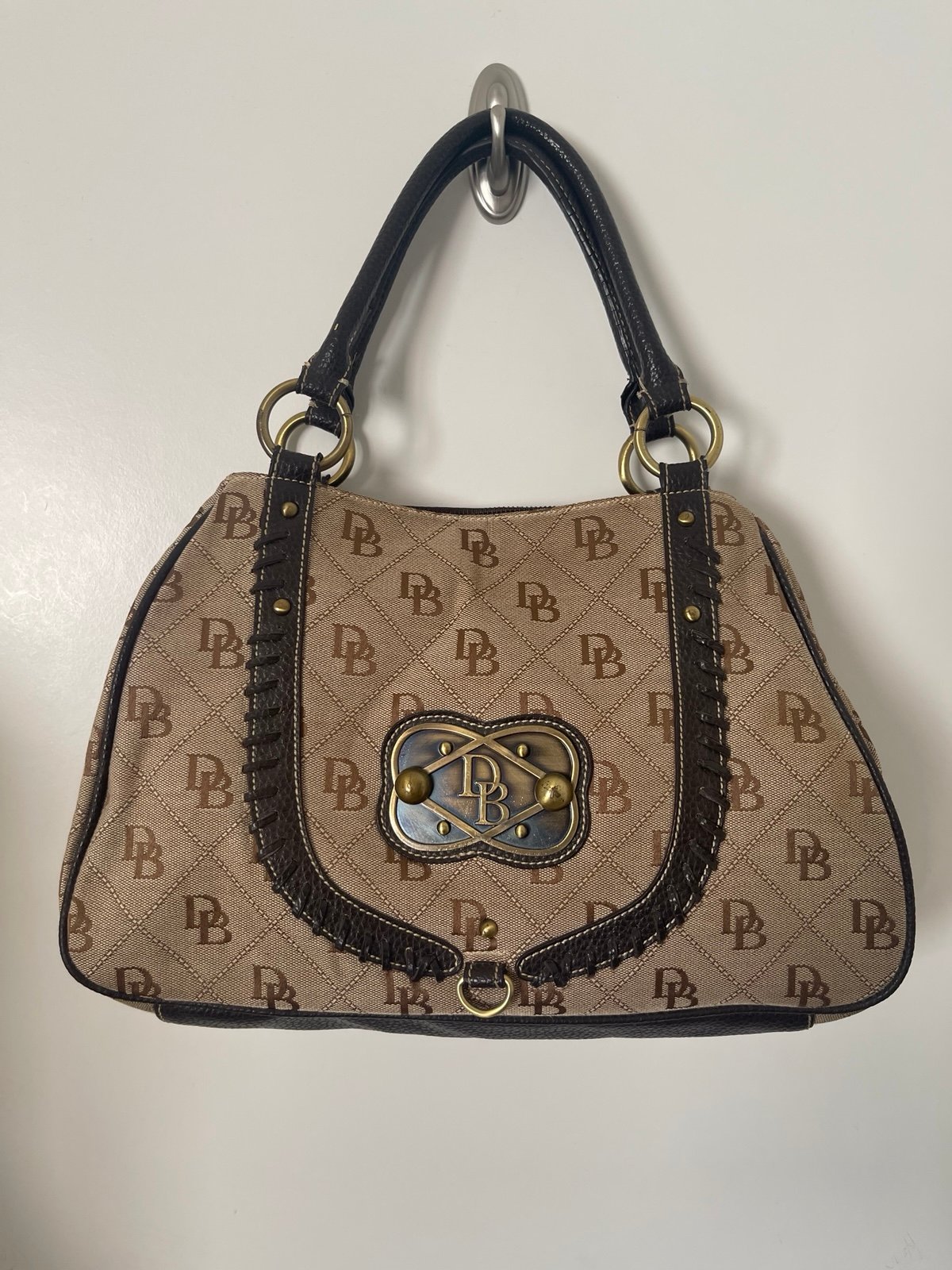 Vintage Dooney & Bourke Brown Leather and Canvas Monogram Logo Print Purse