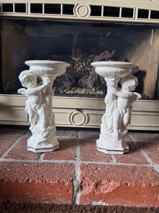 2 White Cherub Candle Holders Ceramic Gloss with Gold Rim 11.5