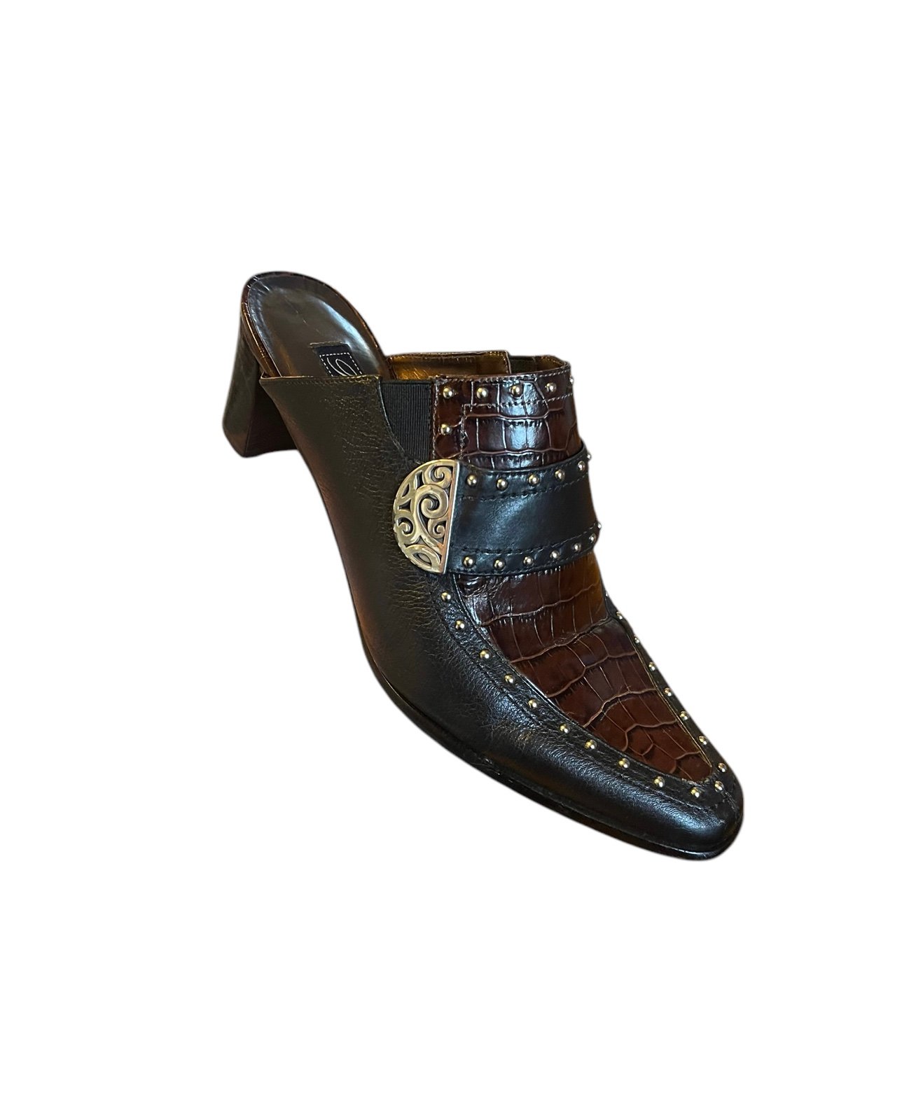 Brighton Black Brown Leather Studded Mule Heels Croc With Buckle Accent Size 6 M