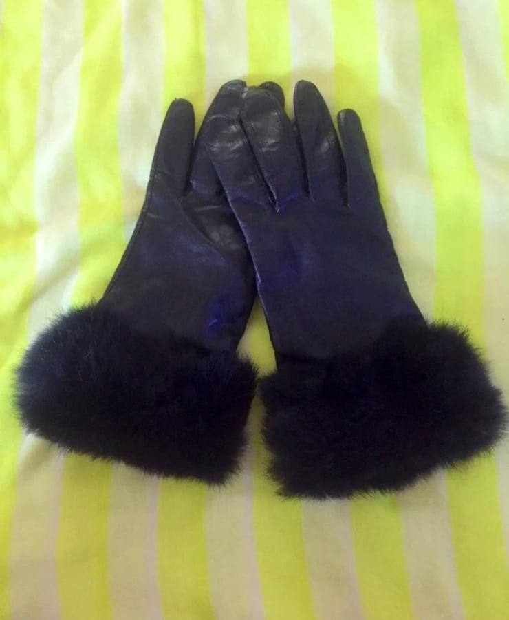 Women's Italian Rabbit Fur Cuff Winter Leather Gloves Size L Black
