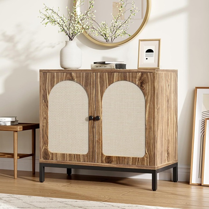 2 Doors Storage Cabinet Rattan Retro Buffet Sideboard Decorative Cabinet