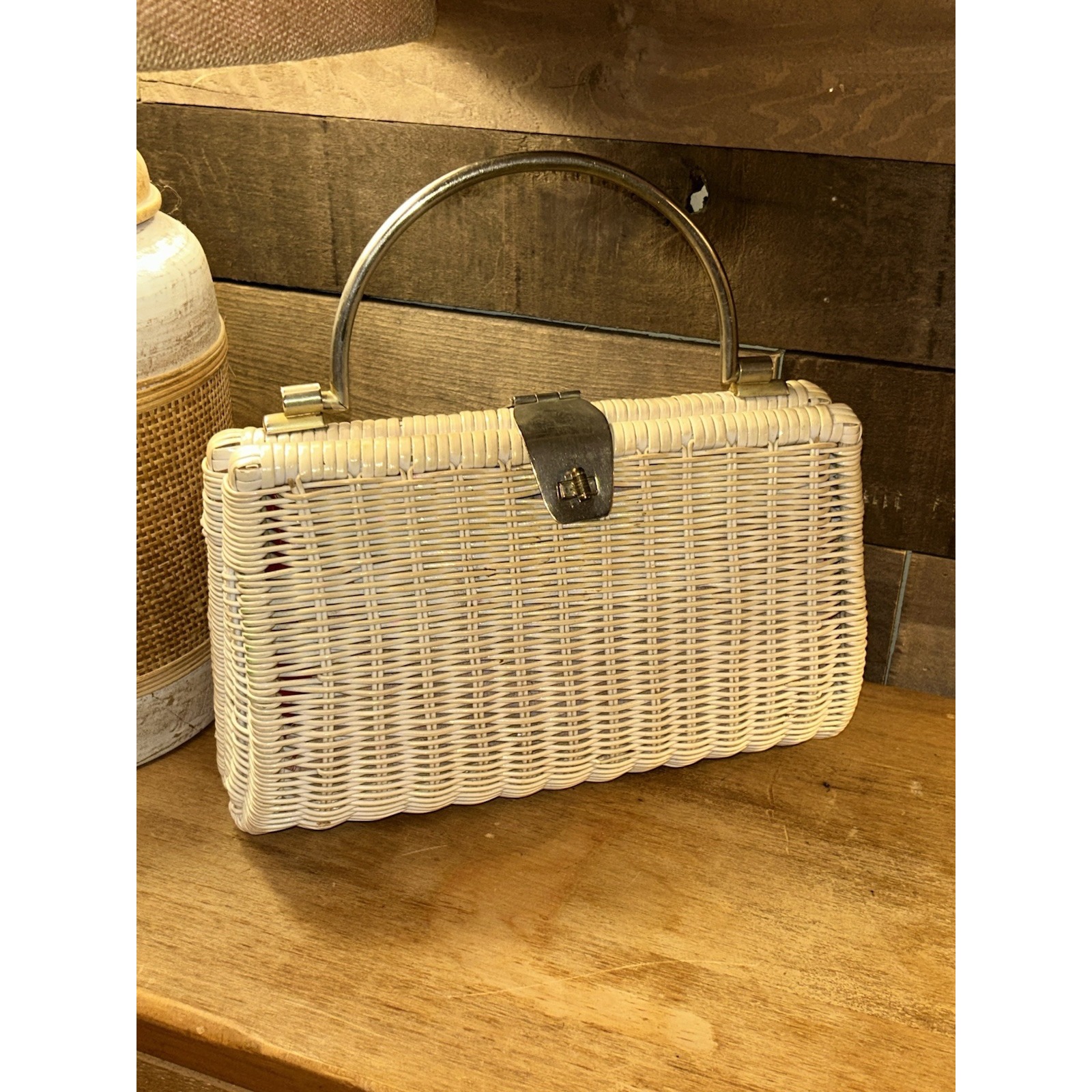 VINTAGE Marcus Brothers British Hong Kong Wicker Handbag 1950's Brass Handle