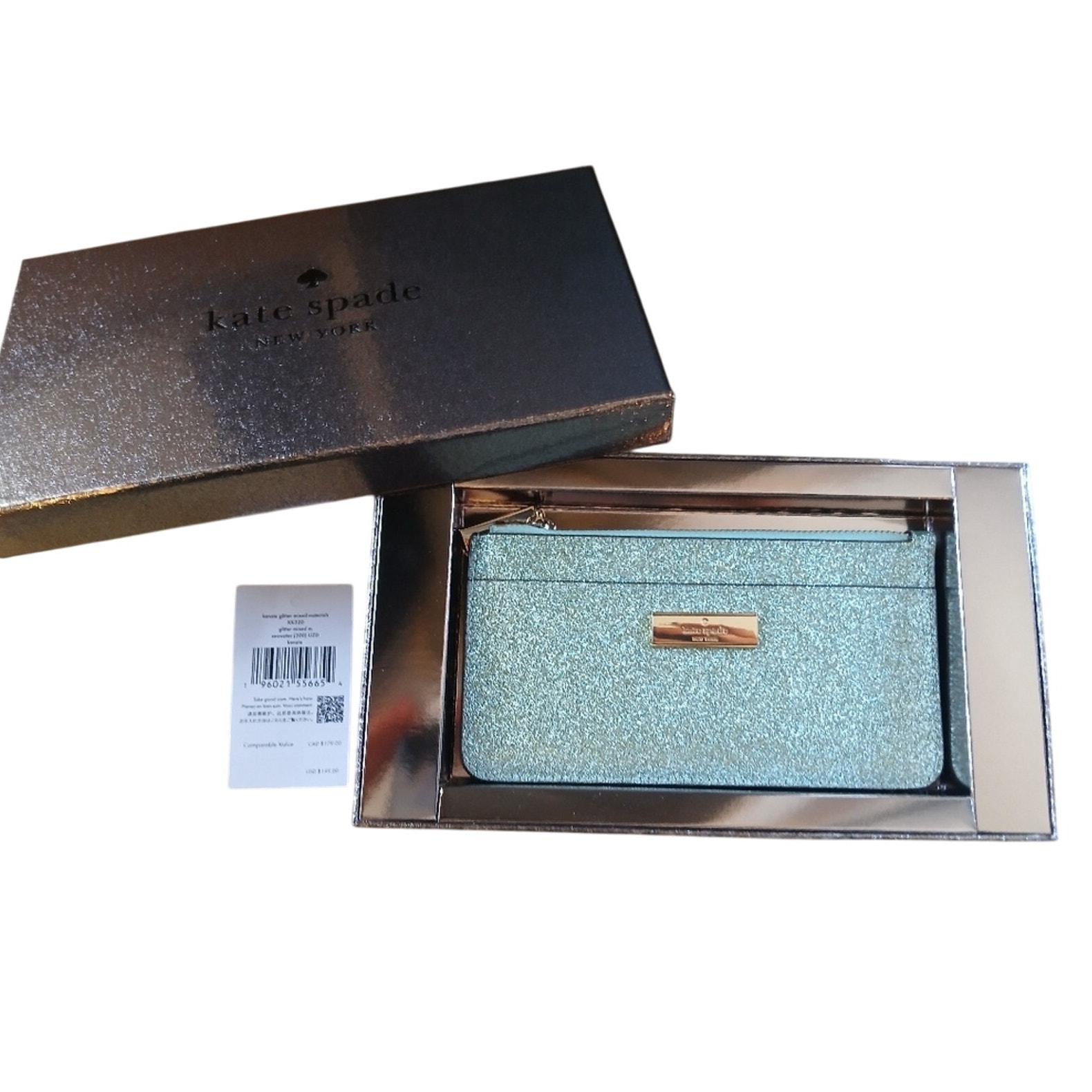 Kate Spade NWT Mint Green Shimmer Thin Wallet W/Box