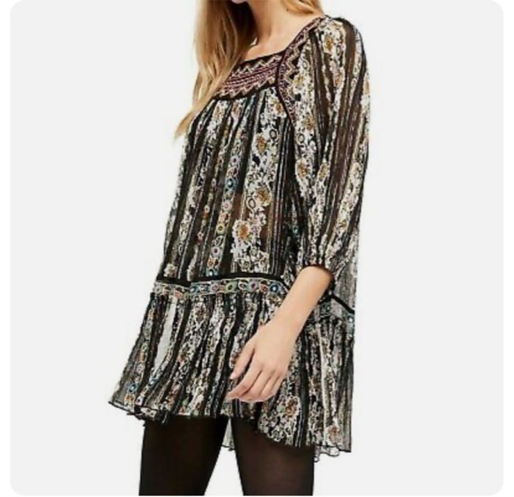 FREE PEOPLE DANCE MAGIC EMBROIDERED 3/4 SLEEVE TUNIC METALLIC BLACK