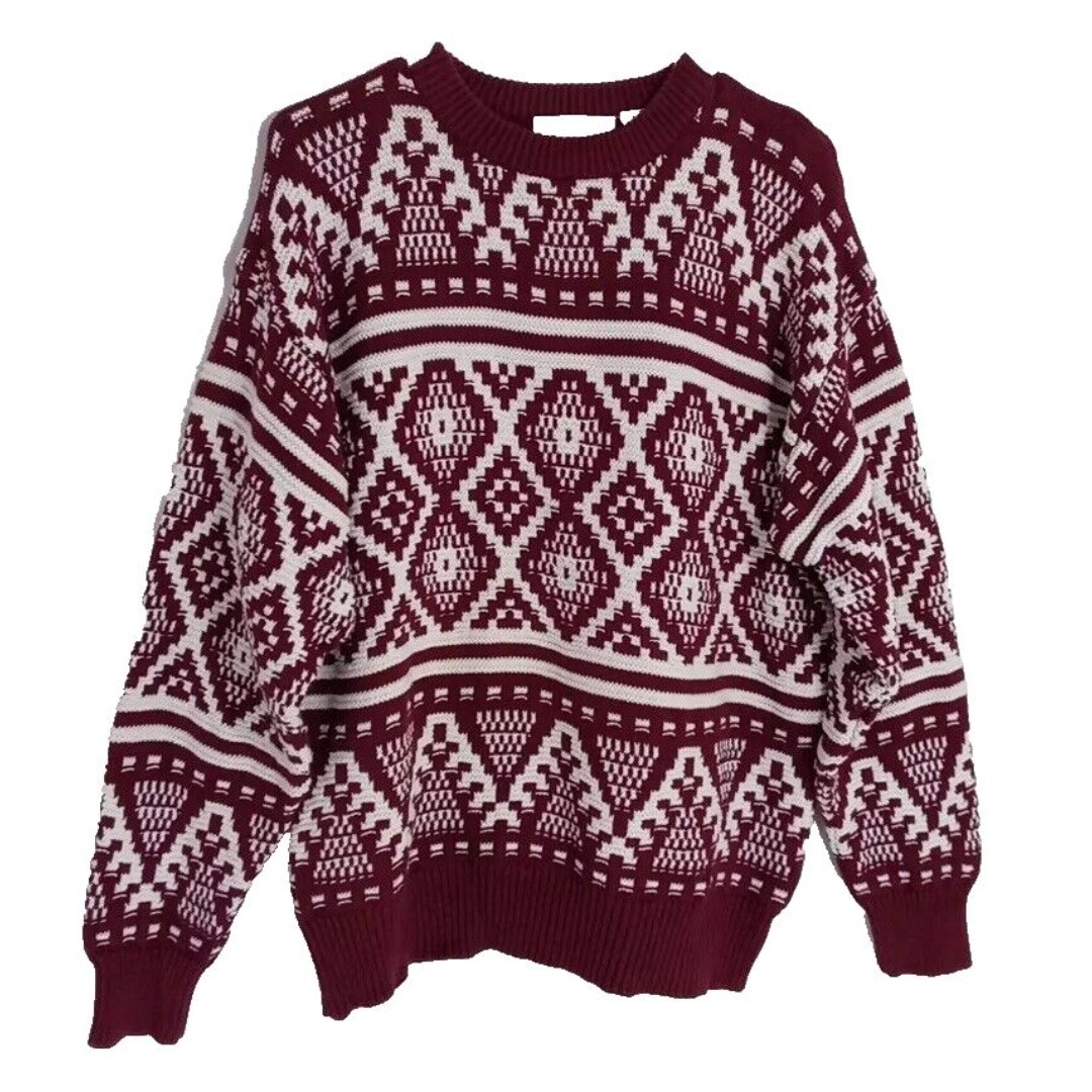 Brian MacNeil Sweater Size M Red White Argyle Diamond Knit Fisherman Ski Warm