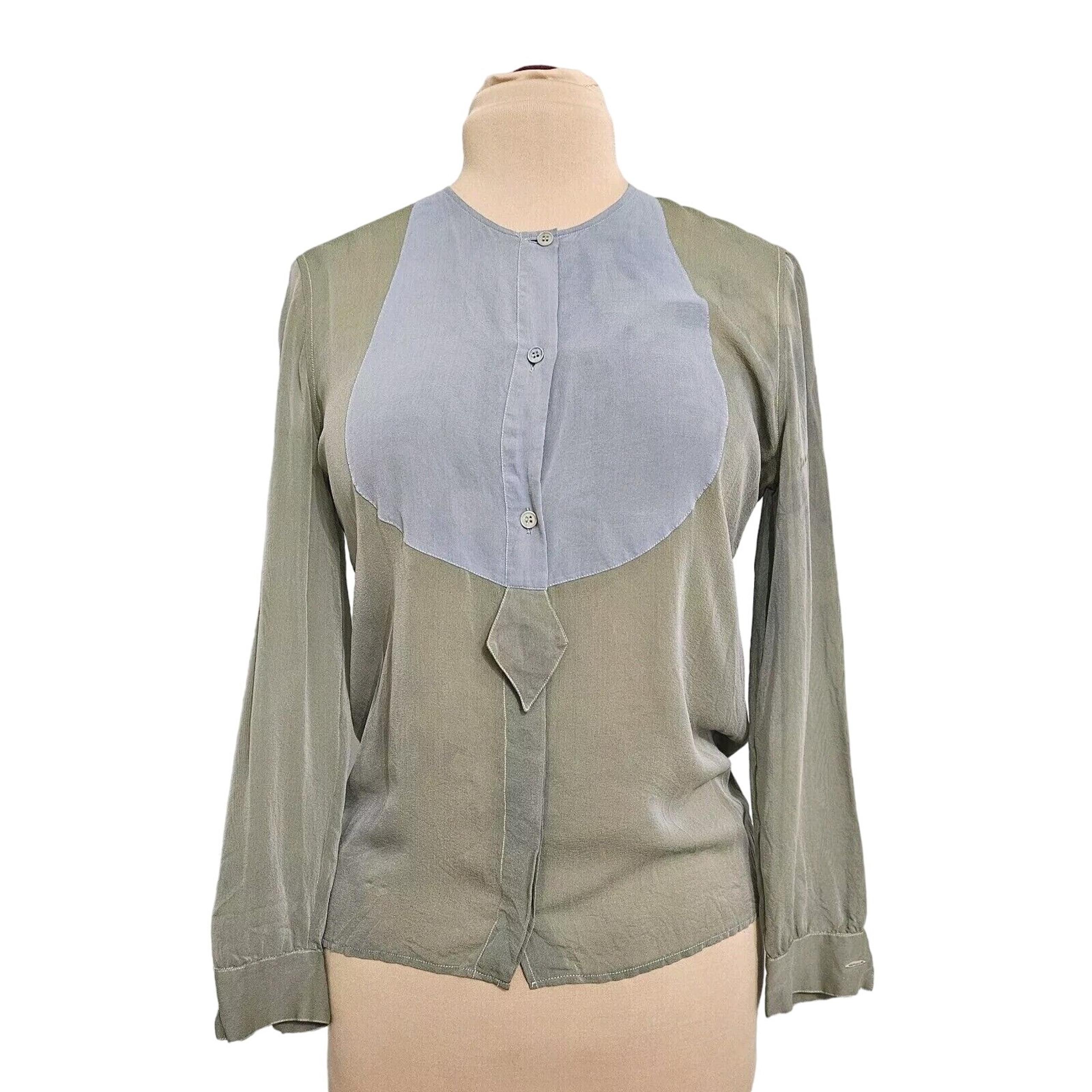 Giorgio Armani Blouse Womens Green Semi Sheer Colorblock Two-Toned Button Front