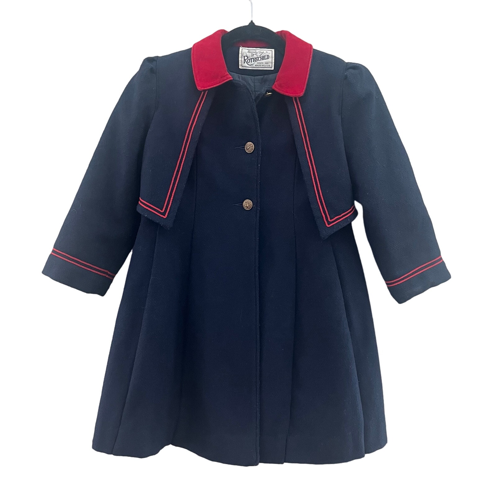Vintage Girls Rothschild Wool Sailor Coat. Navy with Red Trim and Lining Size 6