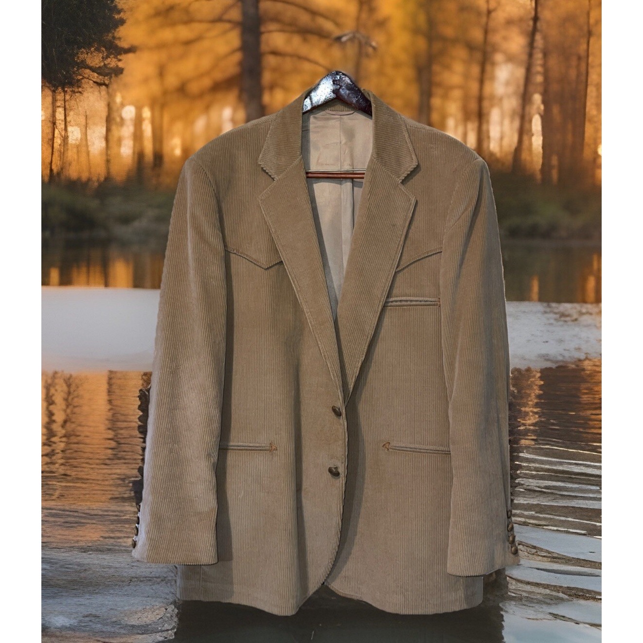 Circle S Corduroy Blazer Men 50R Beige Vintage Made In USA Leather Buttons