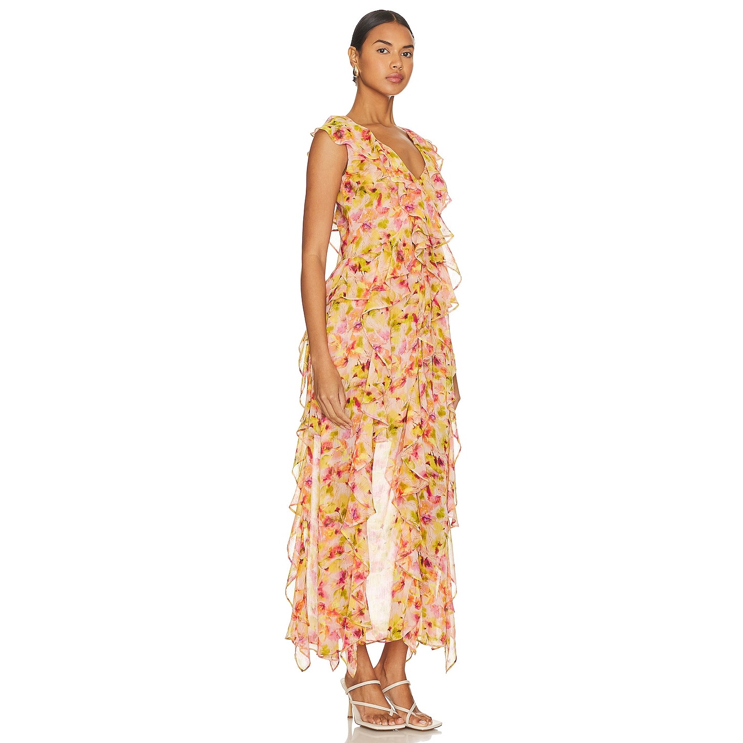 MISA Los Angeles Claudita Golden Floral Ruffle Chiffon Garden Maxi NWT 490 XS