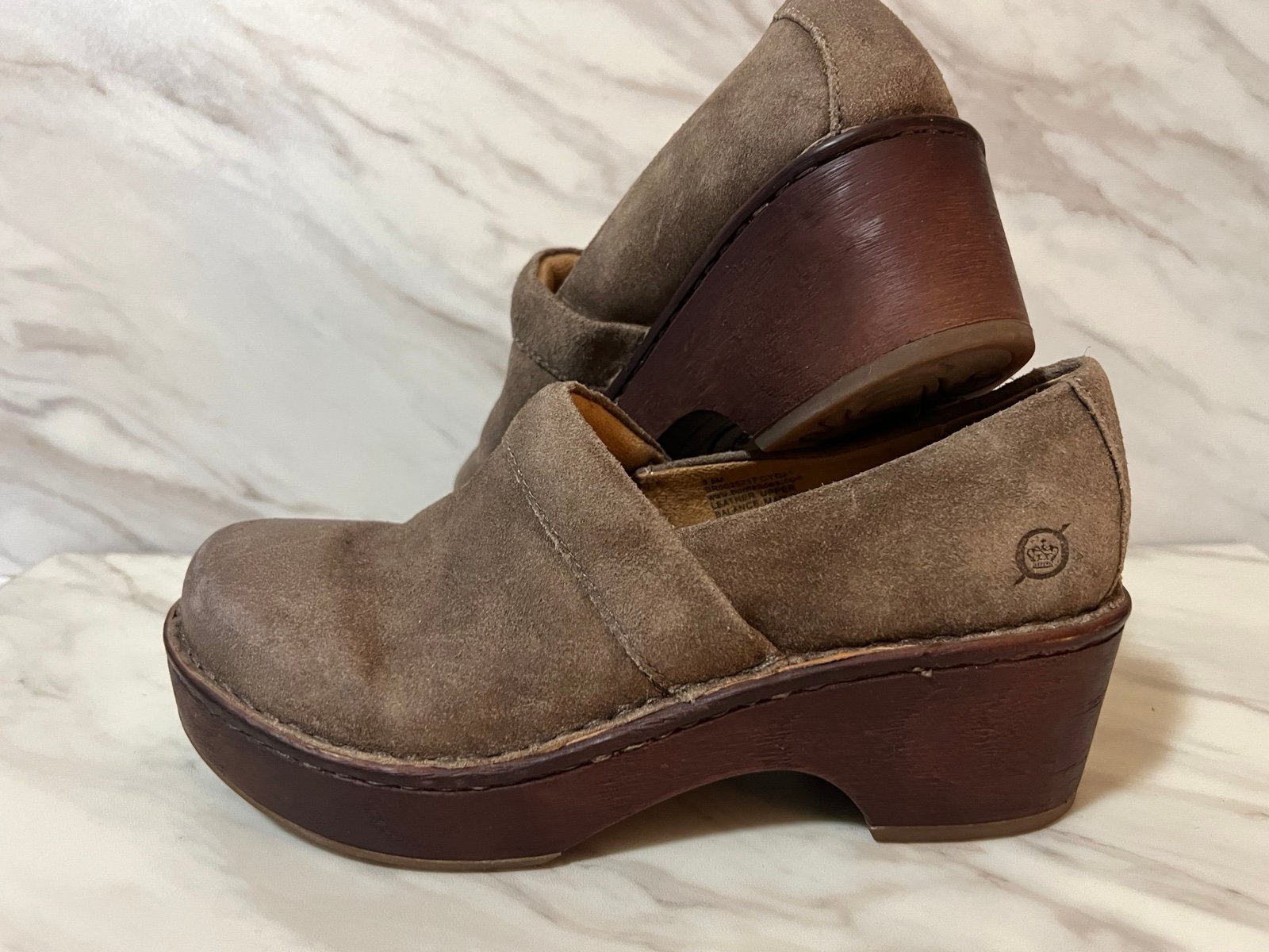 Taupe suede Born Freya clog shoes in a size 6.5. Excellent used condition