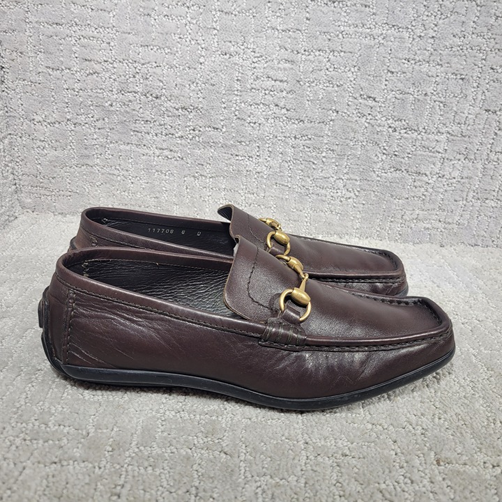 Gucci 101133 Mens Size US 8D Dark Brown Leather Gold Horsebit Driving Loafers