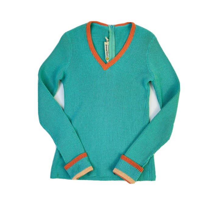 Vintage Womens Small Color Block Ribbed Knit Bumble Bee V Neck Sweater