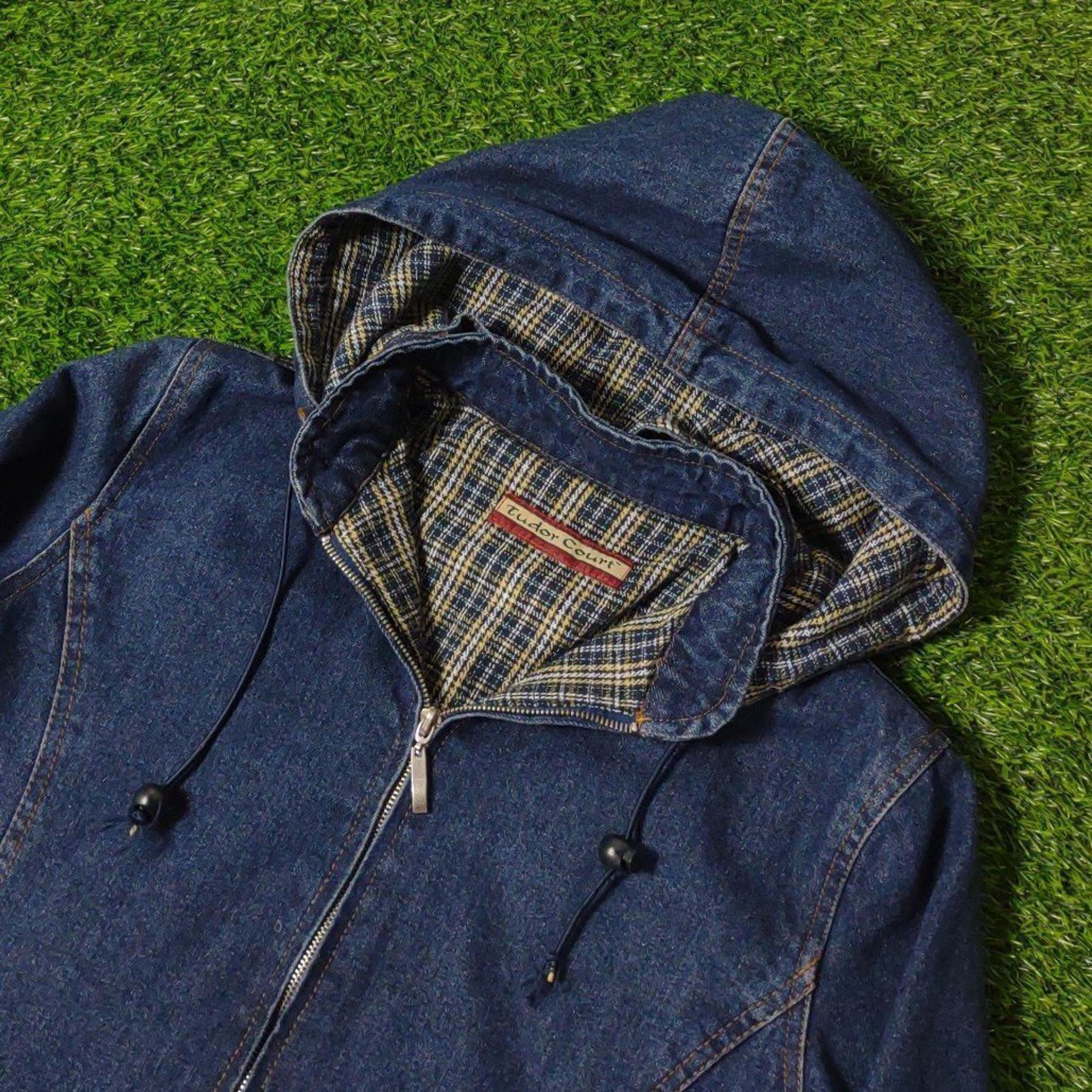 VINTAGE 90S TUDOR COUR DENIM JACKET PLAID FLANNEL LINED FULL ZIP VTG 90S GRUNGE