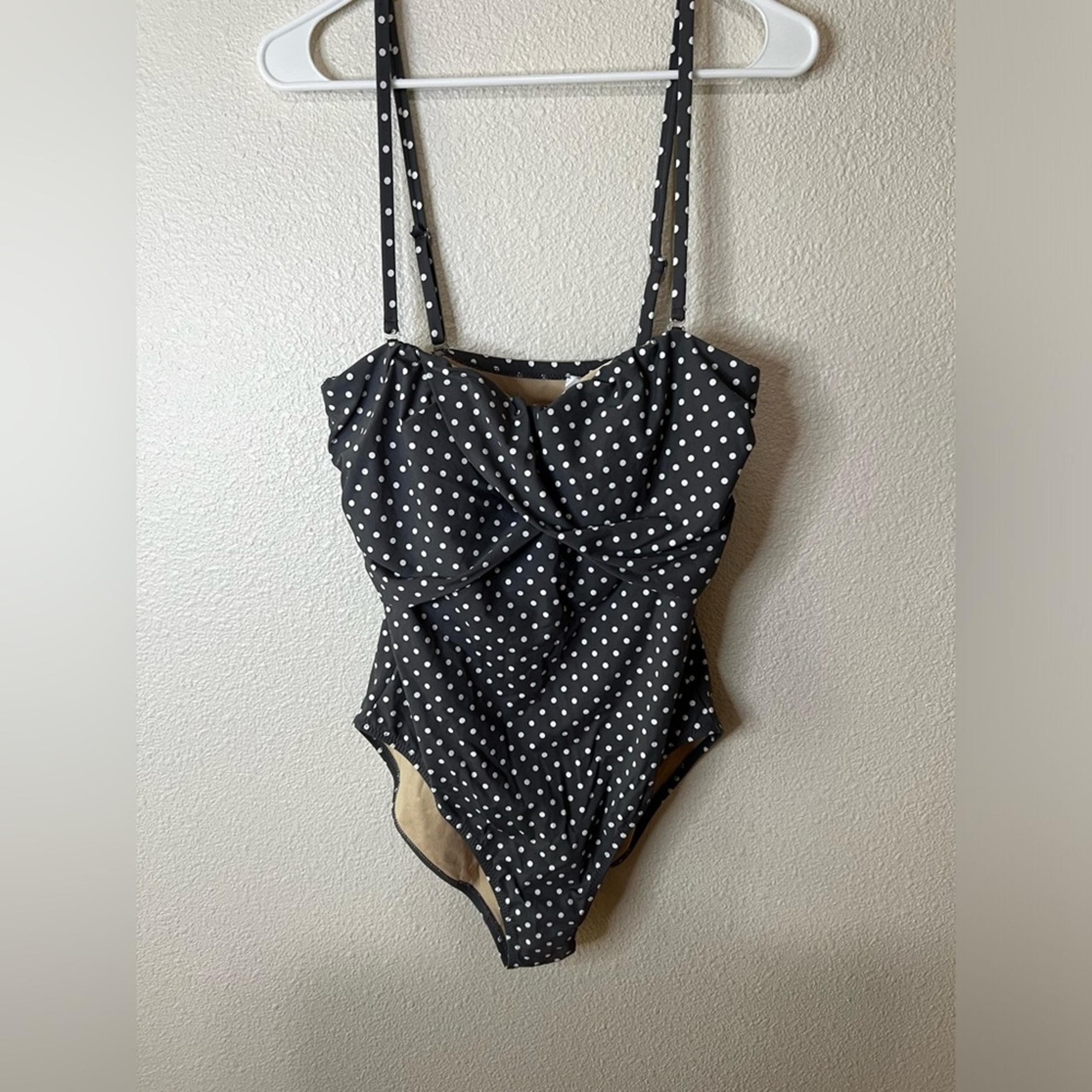 Garnet Hill Gray white polka dot one piece swimsuit bathing suit 12