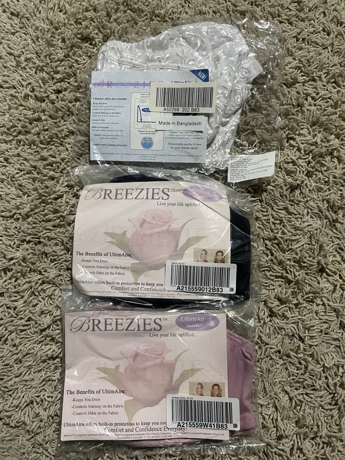 Breezies Bundle - 3 NWT Bra Size 42DD QVC A215559 (Pink & Black) A52299 (White)