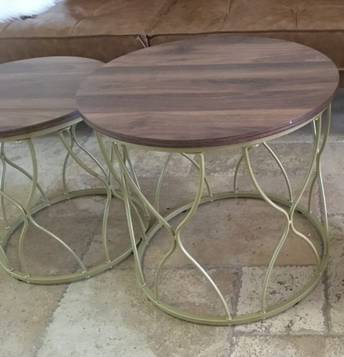 NEW Set of 2 Round Coffee Table for Living Room, Wood Grain Effect and Gold
