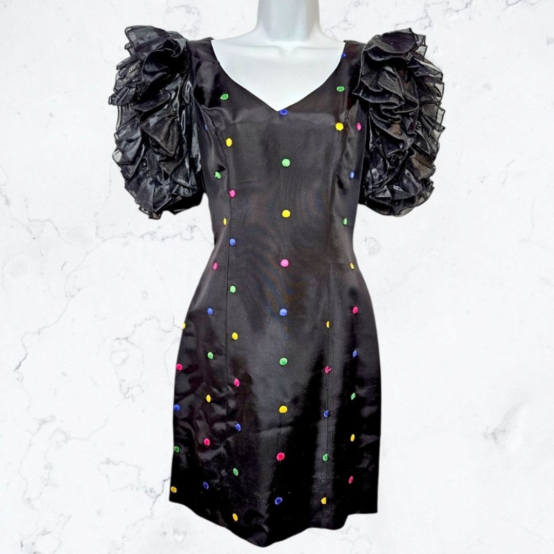Vintage 80s RARE Jolie Madame Black Rainbow Polka Dot Puff Sleeve Mini Dress