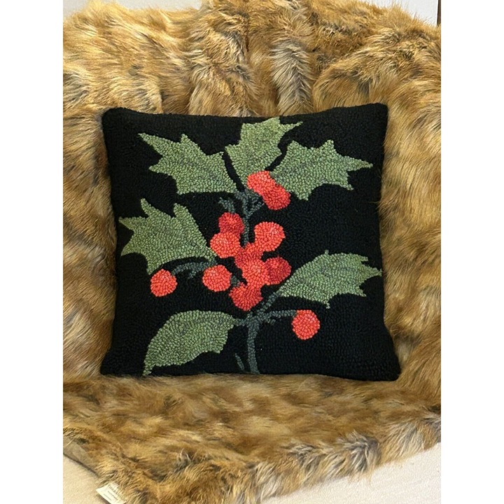 Holly Holiday Hook Pillow 16-inch Square Black Wool Red Holly Flower Needlepoint