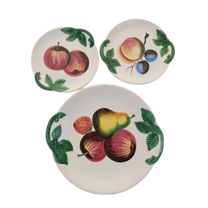 12.5 Fruit Serving Platter + 2 Plates 8.5 Porcelain Hand Painted Vtg Italy